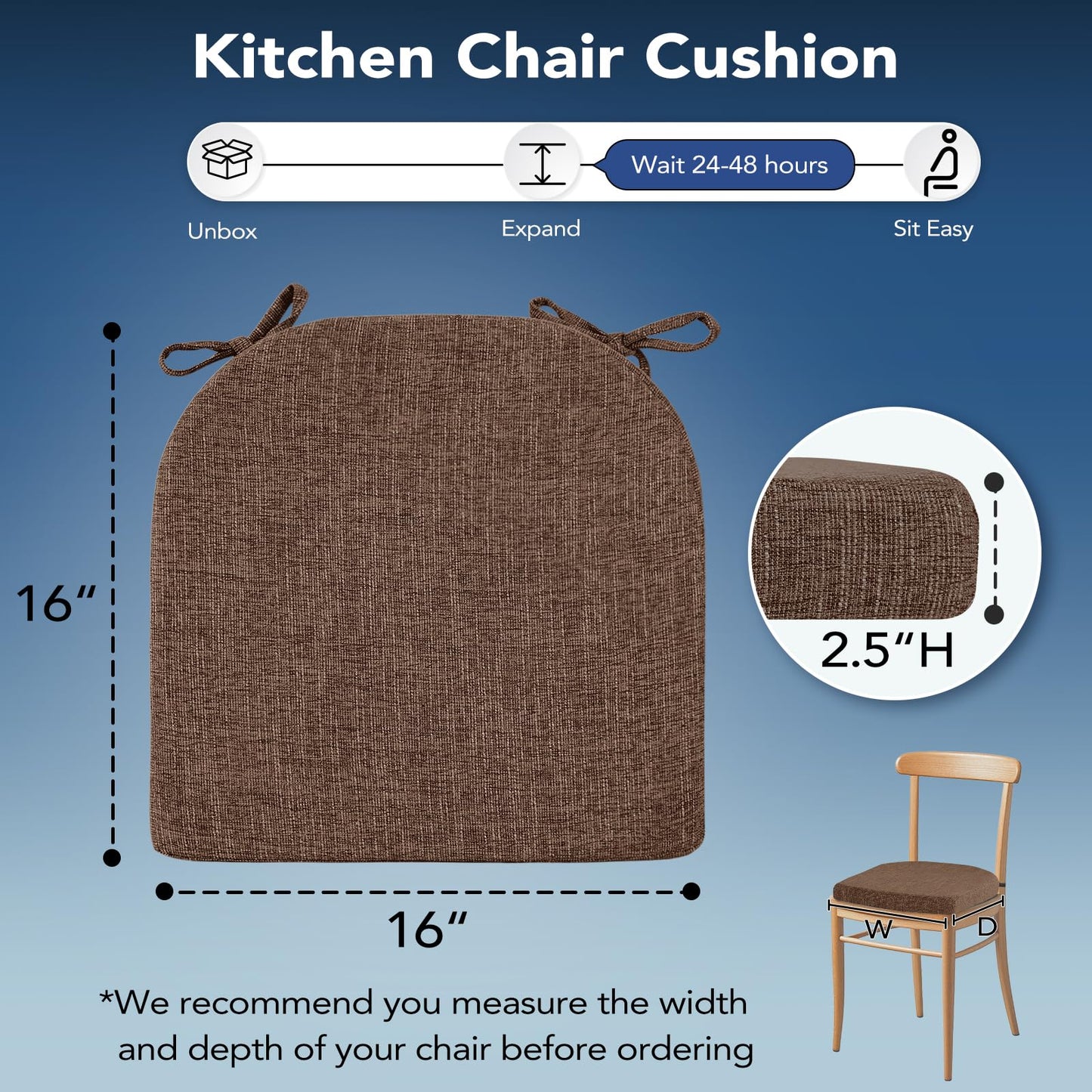 HOMELYSIAN Chair Cushions for Dining Chairs, Non Slip Chair Pads with Ties and Washable Covers, Memory Foam Kitchen Chair Cushions Set of 4, 16"X16"X2.5", Brown