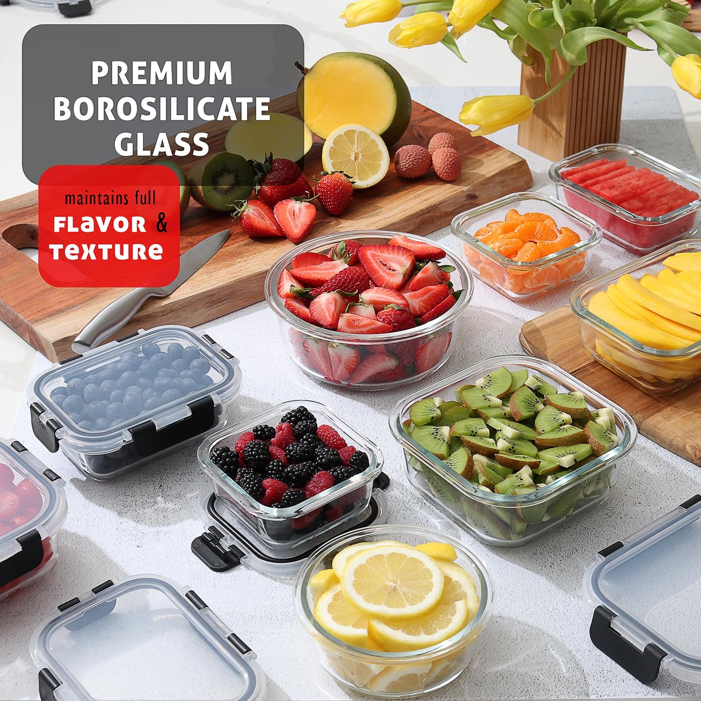 EATEX 24pc Glass Storage Containers with Lids, 12 Set Glass Food Storage Containers with 12 Airtight Lids, Pantry Kitchen Meal Prep Containers for Lunch, Freezer Storage Containers, Jet Black