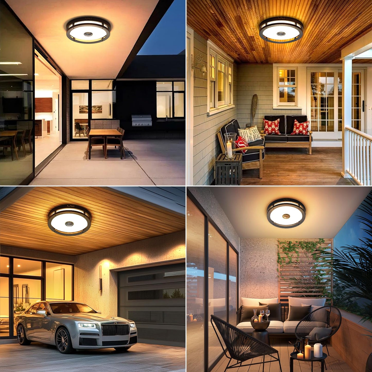 Slypadan Outdoor Motion Sensor Flush Mount LED Light, 12" Dusk to Dawn Porch Modern Black Exterior Light, Ceiling Light Fixture for Farmhouse Garage Entry