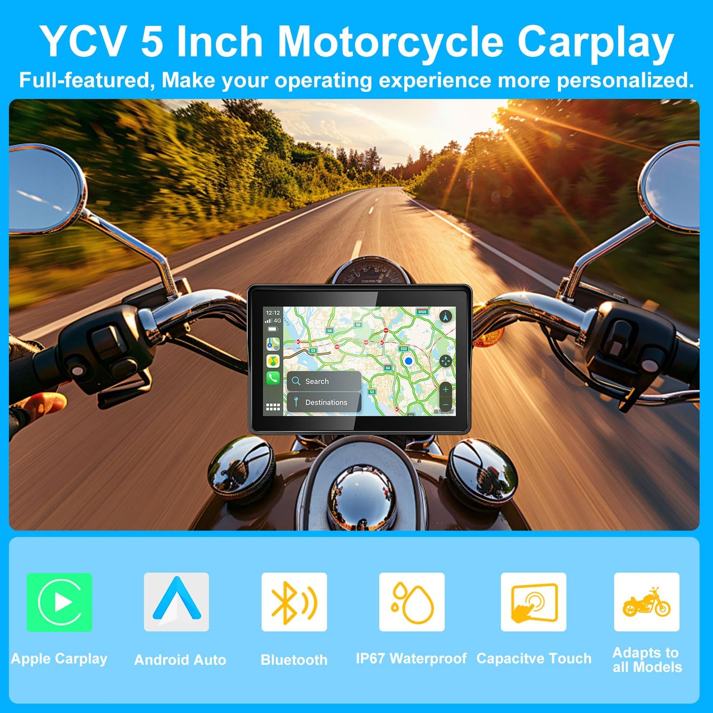 YCV 5" Wireless CarPlay for Motorcycle Touchscreen with Android Auto, HD Waterproof Screen Portable GPS Navigastion System, Support Bluetooth Call, Music Play, Siri, Google Assistant, Vioce Control