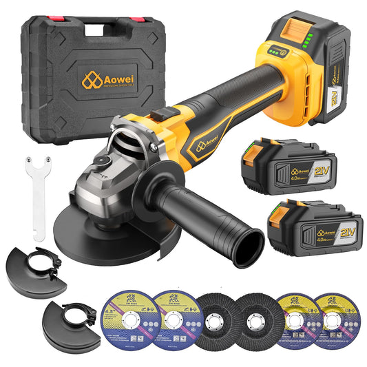 Aowei Brushless Cordless Angle Grinder, 21V Angle Grinder Toolbox Kit, with 2x4.0Ah lithium batteries and charger, yellow 4-1/2 inch grinder, suitable for cutting, grinding, polishing