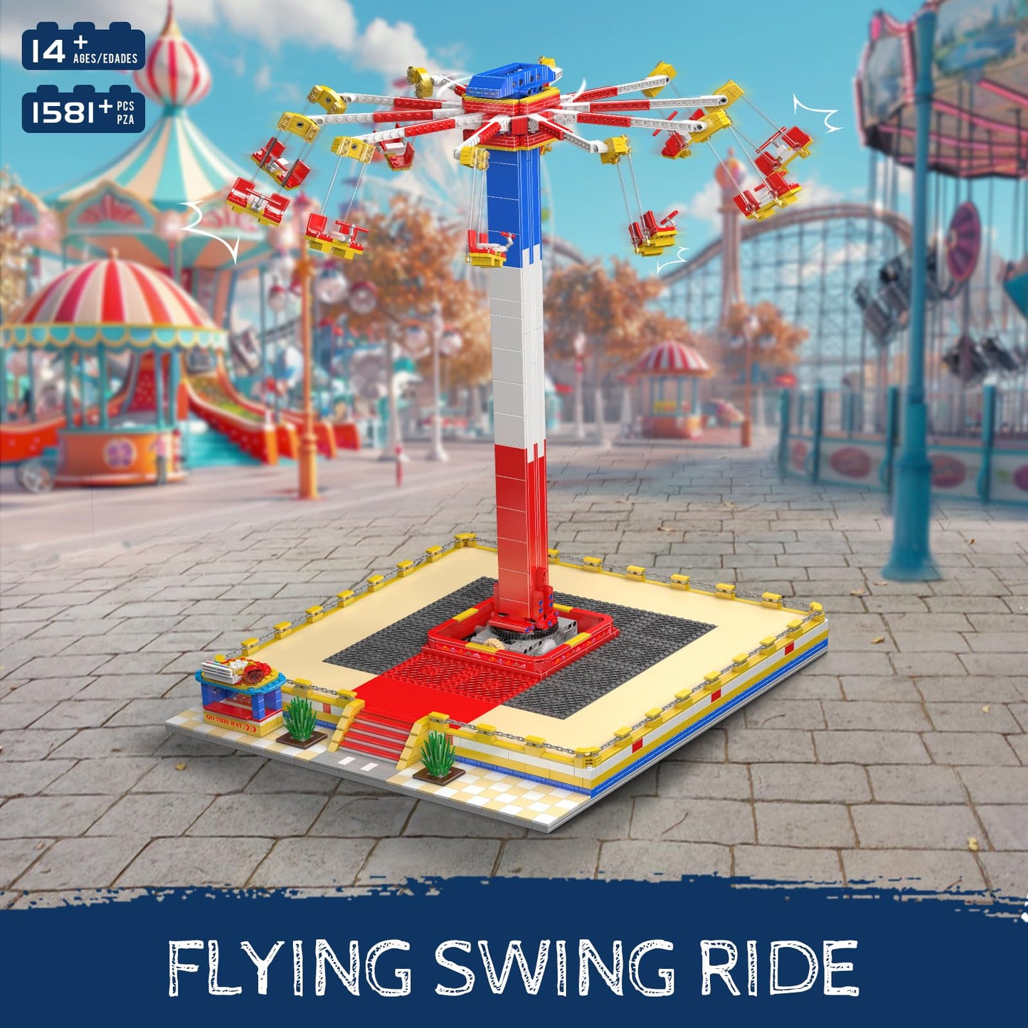 Mould King Flying Swing Ride Building Set, Rotating Flying Chair Amusement Park Model Kit, City Construction Building Blocks Set, Home Decoration Gift for Teens, Adults(1581 Pcs)