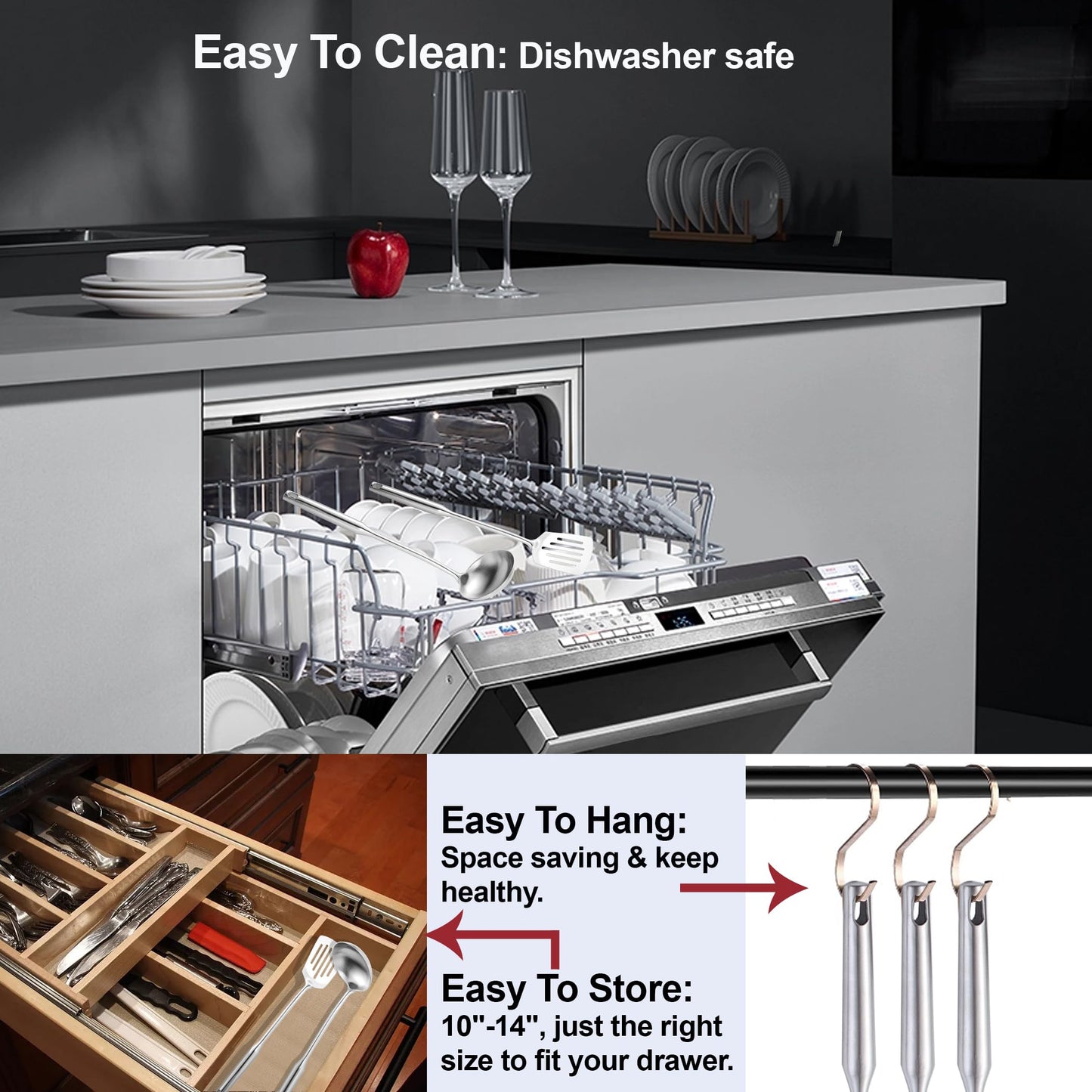 NIITAWH Stainless Steel Kitchen Utensils 12 Pcs, Small Cooking Utensils Set,Spatulas,Ladle,Skimmer,Tunners,Serving Spoon,Spaghetti Spoon,Fork,Potato Masher,Egg Whisk,Tongs,Dishwasher Safe