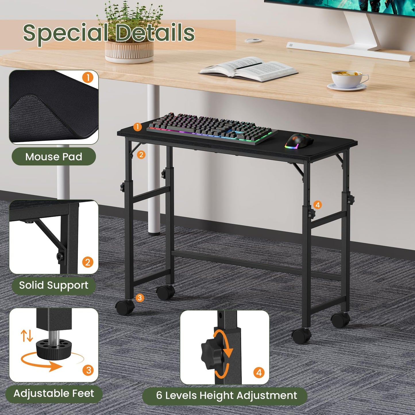 Snughome Mobile Keyboard Tray with Mouse Pad, Height Adjustment 21.6"-31.1", Keyboard Standing Desk, Rolling Under-Desk Extender with Lockable Casters, Desk Accessories for Home Office, Black
