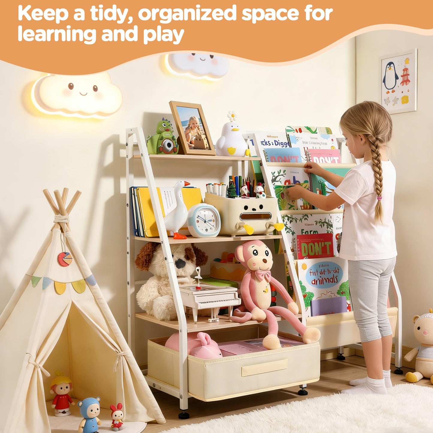Vsonker Kids Bookshelf and Toy Storage-Book Shelf for Kids Rooms，Toddler Bookshelf Baby Bookcase with 4 Sling Shelves & Fabric Toy Chest Toy Organizer for Playrooms, Bedrooms, Nursery