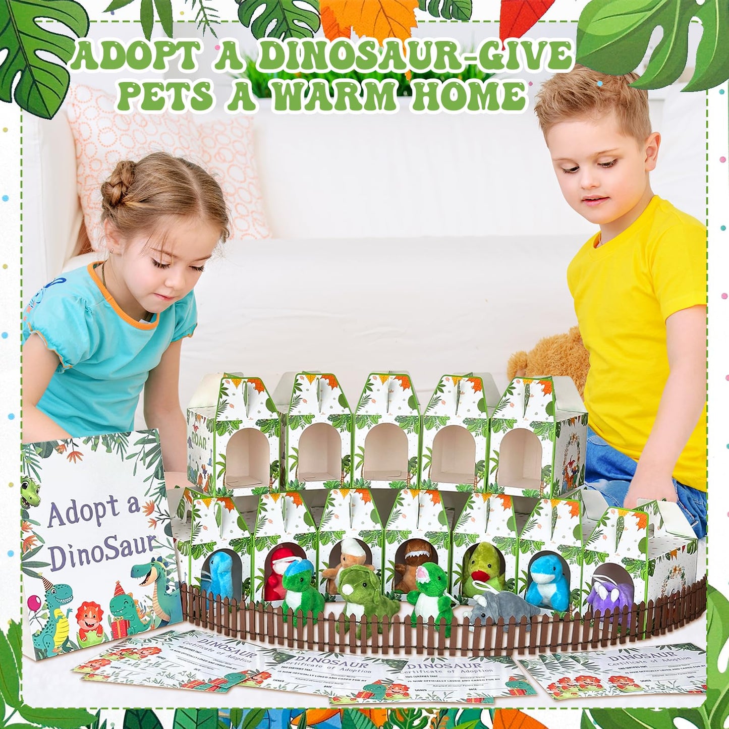 Gaiaring 38 Pcs Adopt a Dinosaur Pet Party Favors Include 12 Mini Plush Dinosaur 12 Foldable Boxes 12 Adopt Dinosaur Cards 1 Adopt Sign 1 Adopt Fence for Adopt A Pet Party