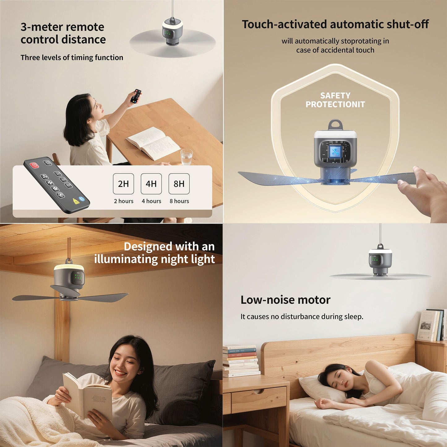 VVU&CCO 18' Portable Ceiling Fan with Light for Patio Canopy Tent Porch RV, 4 Speed Adjustment with Lighting, 8 Hours Timer & Use Time Up to 16H, 12000mAh Battery -operated Ceiling Fan