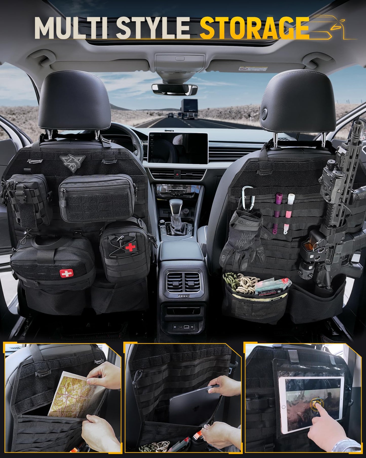 WYNEX Tactical Car Seat Back Organizer Set, Vehicle Accessories Molle Panel wtih Detachable 4 Molle Pouches - First Aid EDC Admin Storage Bag for Road Trips, Fits Most Cars, SUVs, Pickups, Trucks