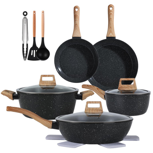 Ceramic Cookware Sets 15PCS Pots and Pans Set Non Stick (black15)