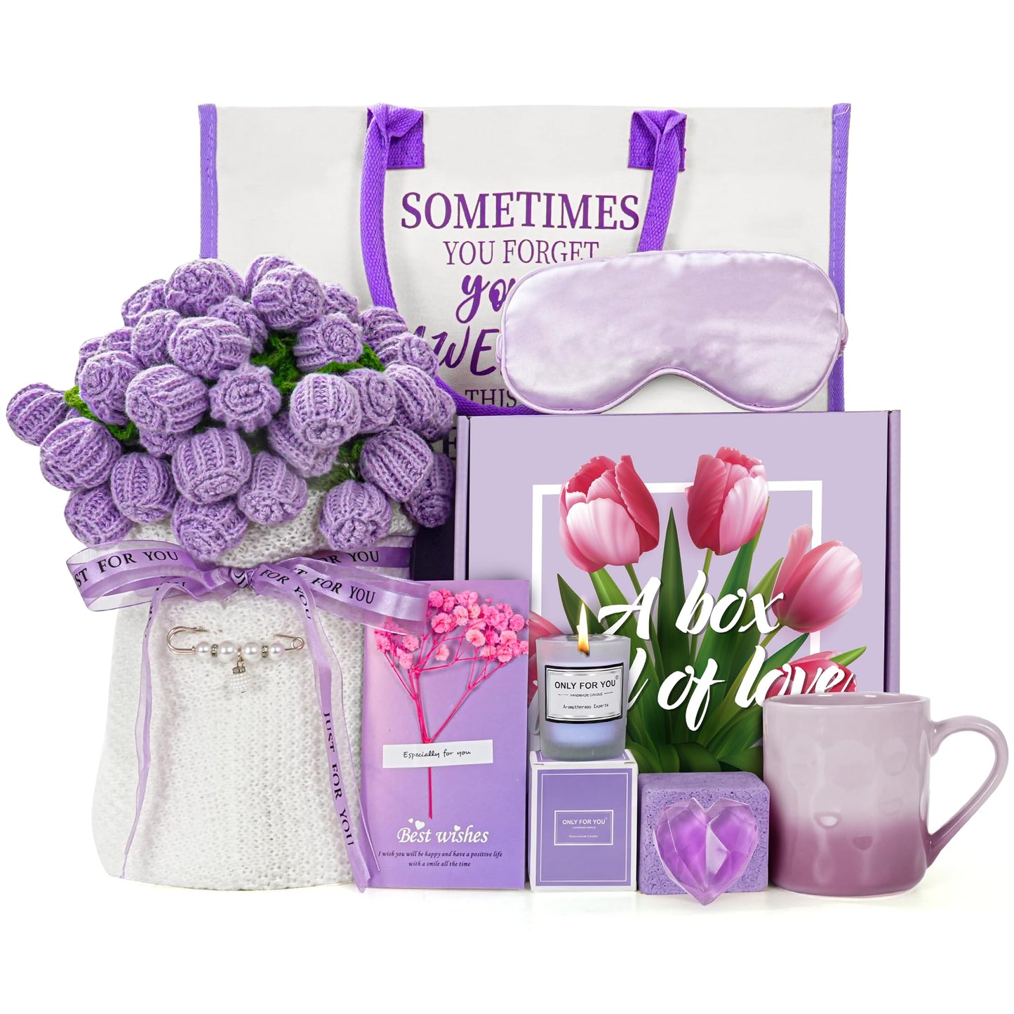 Mom Gifts for Mothers Day, Birthday Gifts for Women-Crochet Flower Bouquet Blanket Cofee Mug-Self Care Thank You Friendship Anniversary Retirement Get Well Gift Baskets for Wife Girlfriend Sister