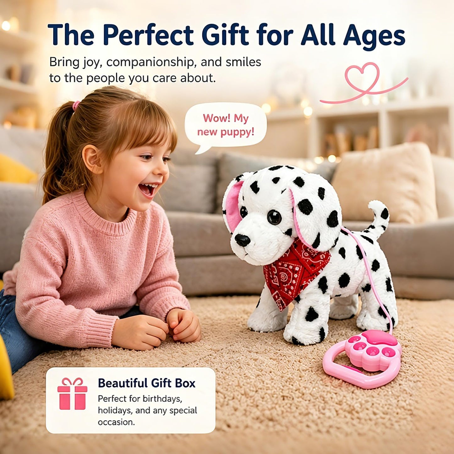 YH YUHUNG Walking and Barking Dalmatian Puppy Dog Stuffed Animated with Remote Control Leash,Head Nod,Walking,Barking,Tail Wagging,Electrnoic Pets Puppy Plush Toy for Kids,Boys and Girls Gift