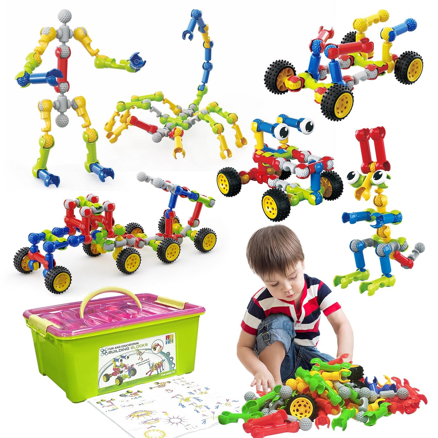 Huaker - Building Toys for 3 4 5 6 7 8 Year Old Boys 180 Building Blocks Educational Learning Toys with Large Storage Box Ideal Birthday Gifts