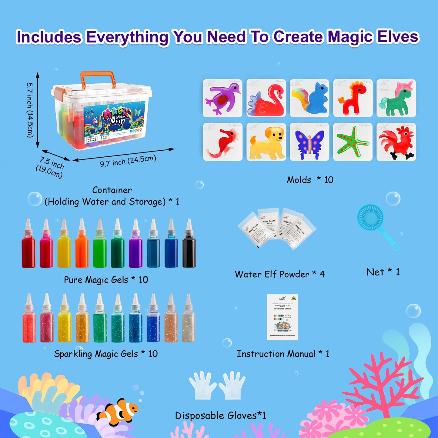 Kiditos Magic Water Elf Toy Kit–Squishies for Kids, 20 Gels & 10 Molds, Magic Gel Water Pets Sensory Toy, Fun DIY Craft Kit, Party Favors, Birthday & Christmas Gifts for Kids Ages 3+