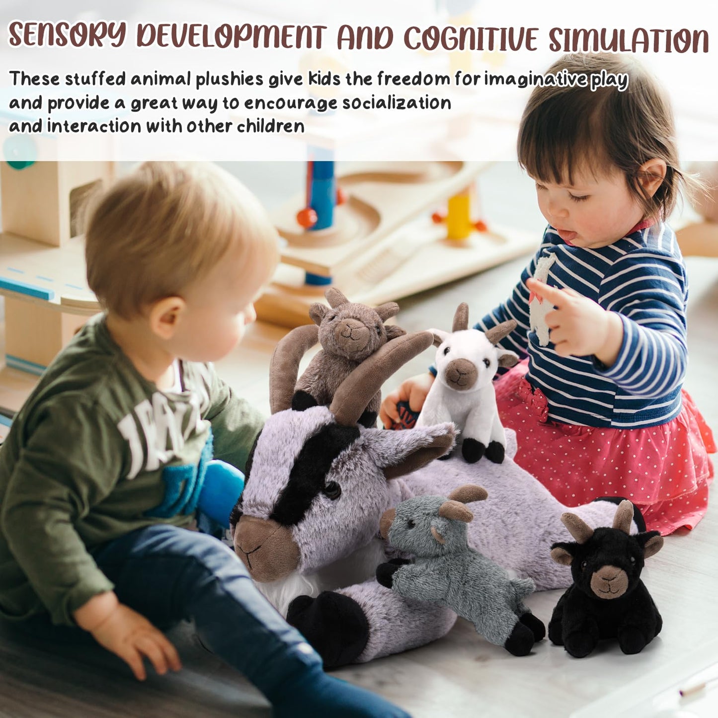 HyDren 5 Pcs Goat Plush Toy Set 18 Inch Mommy Goat Stuffed Animal with 4 Stuffed Kids in Zippered Tummy Soft Plushies for Children's Day Gifts Birthday Farm Party Decors Sleeping Companion