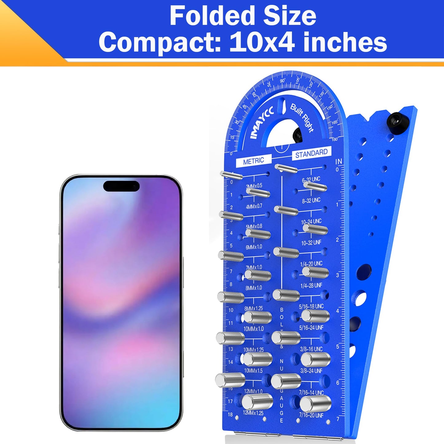 Thread Checker, Nut and Bolt Thread Checker 18 Standard & 18 Metric & 28 Drill Bit Sizes, 2-in-1 Foldable Bolt Size Finder, Screw Identifier Gauge with Protractor & Ruler