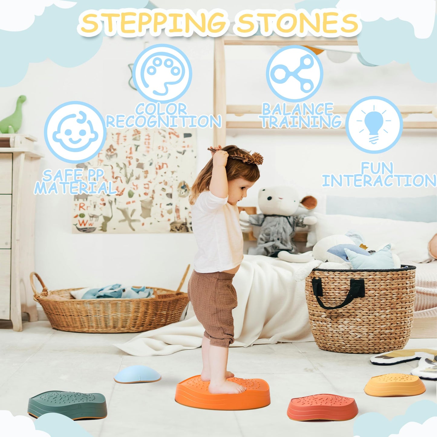 LoomLark Balance Stepping Stones for Kids 5pcs Non-Slip River Stones Obstacle Course Play Indoor and Outdoor Coordination Game Sensory Toys Toddler Ages 3 4 5 6 7 8+ (Classic)