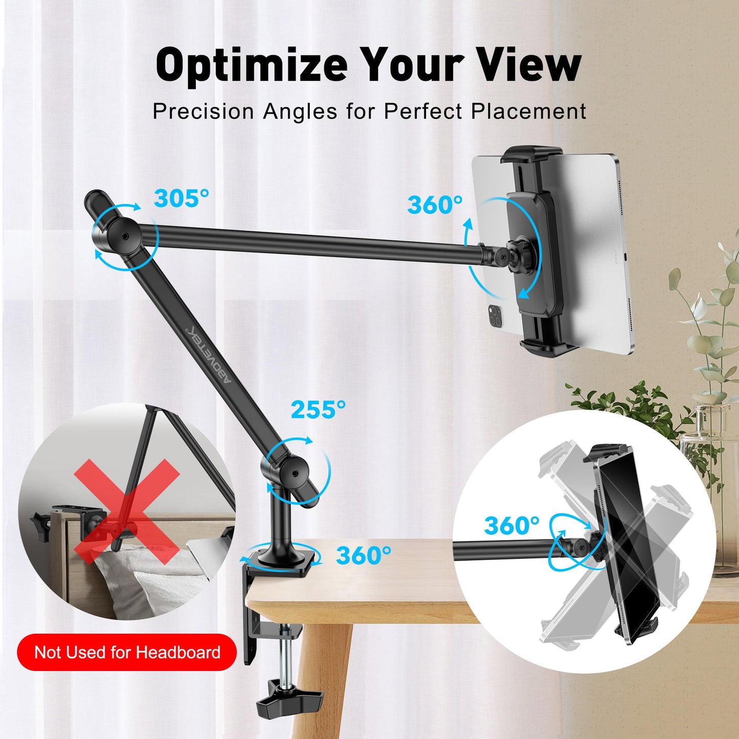 AboveTEK Tablet Stand Holder for Desk & Bed, Aluminum iPad Holder Arm with 360° Rotating Clamp, Adjustable Phone Stand Compatible with 4.7"-13.5" iPad Pro/Air/Mini, iPhone, Galaxy Tab- Black