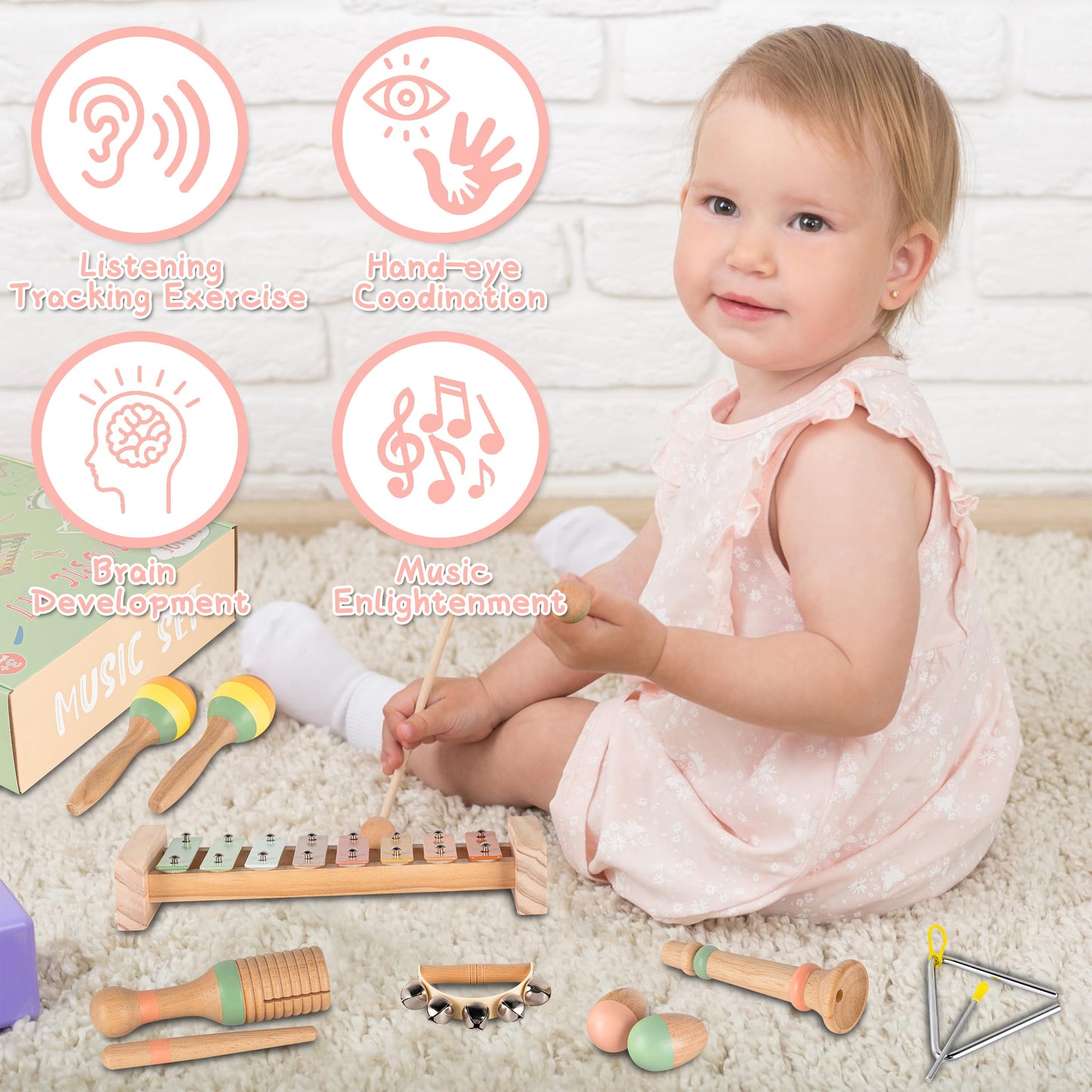 VINJOE Montessori Wooden Musical Instruments for 1-3 Years Old Kids Neutral Colors Early Learning Musical Instrument Set