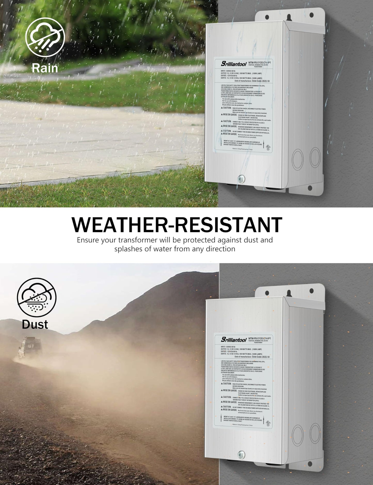 BRILLIANTOOL 100W Stainless Steel Casing Pool Light Transformer, Convert 120VAC to 12V/13V/14V AC Multi-tap, Weatherproof Transformer, Intended for Pool/Spa Lights and Landscape Lighting (100, Watts)