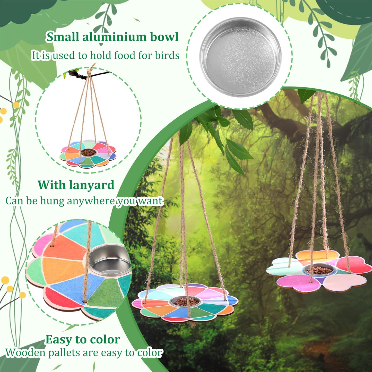 DoubleFill 36 Pcs Bird Feeder Craft Kits for Kids Ages 3-8 Make Your Own Bird Feeders Kids Arts and Crafts DIY Wooden Art Painting Flock Feeders for Outside DIY Craft for Garden Outdoor Decoration