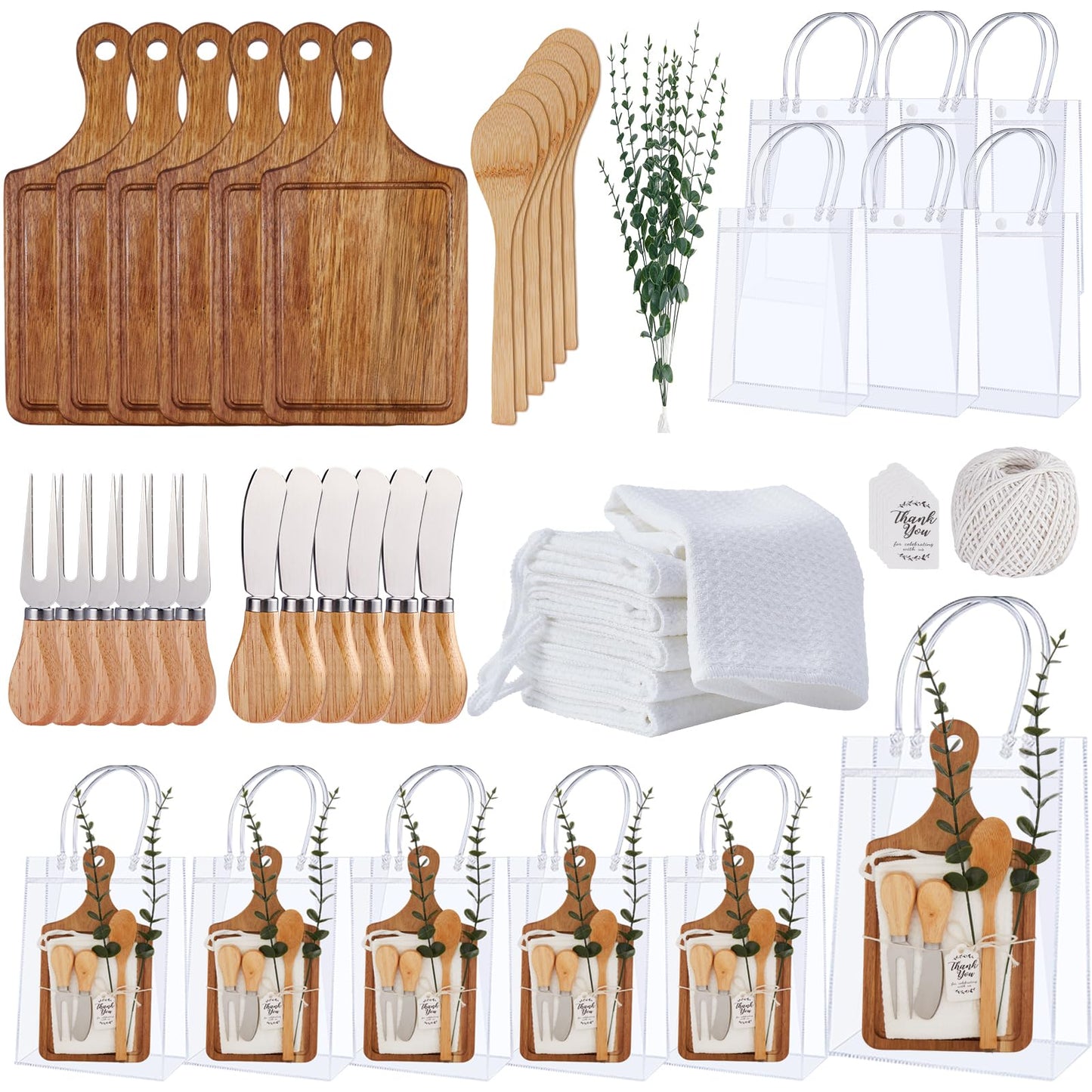 Baby Shower Prizes for Game Winners Bamboo Cheese Board Spoon Fork Butter Spreaders Plaid Towel Thank You Card and Gift Bags for Baby Shower Wedding Bridal Shower Favors (Acacia, 6 Sets)