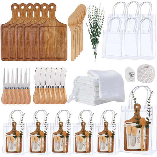Baby Shower Prizes for Game Winners Bamboo Cheese Board Spoon Fork Butter Spreaders Plaid Towel Thank You Card and Gift Bags for Baby Shower Wedding Bridal Shower Favors (Acacia, 6 Sets)