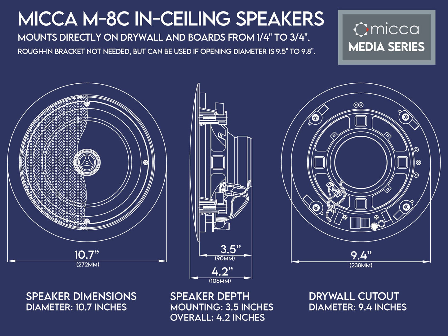 Micca M-8C 2-Way in-Ceiling Round Speaker, 9.4" Cutout Diameter, Whole House Audio, Home Theater, Indoor or Covered Outdoor, 8" Woofer, 1" Tweeter, White, Paintable, Each