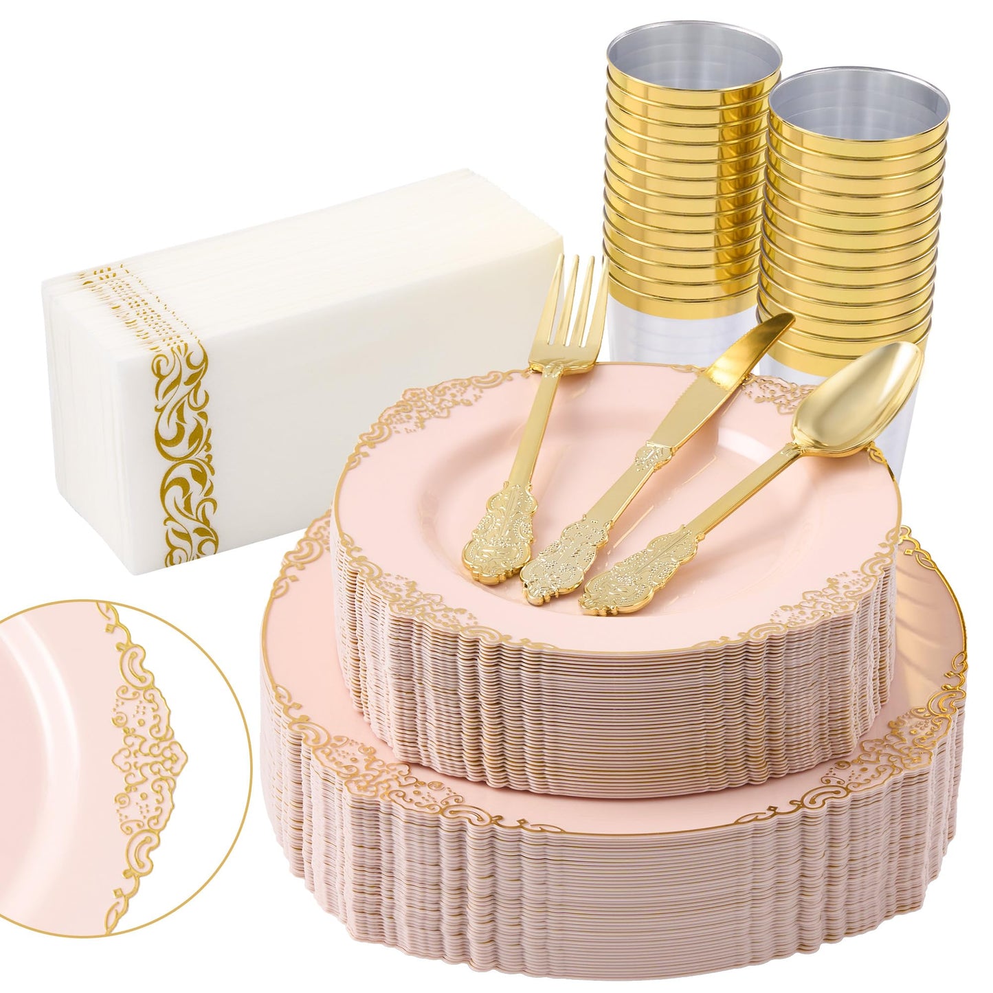 Fijinhom 350pcs Pink Plastic Plates, Elegant Disposable Dinnerware Set, 125 Pieces, White and Gold, Plates, Cups, Cutlery and Napkins (Pink, 50 Guests)