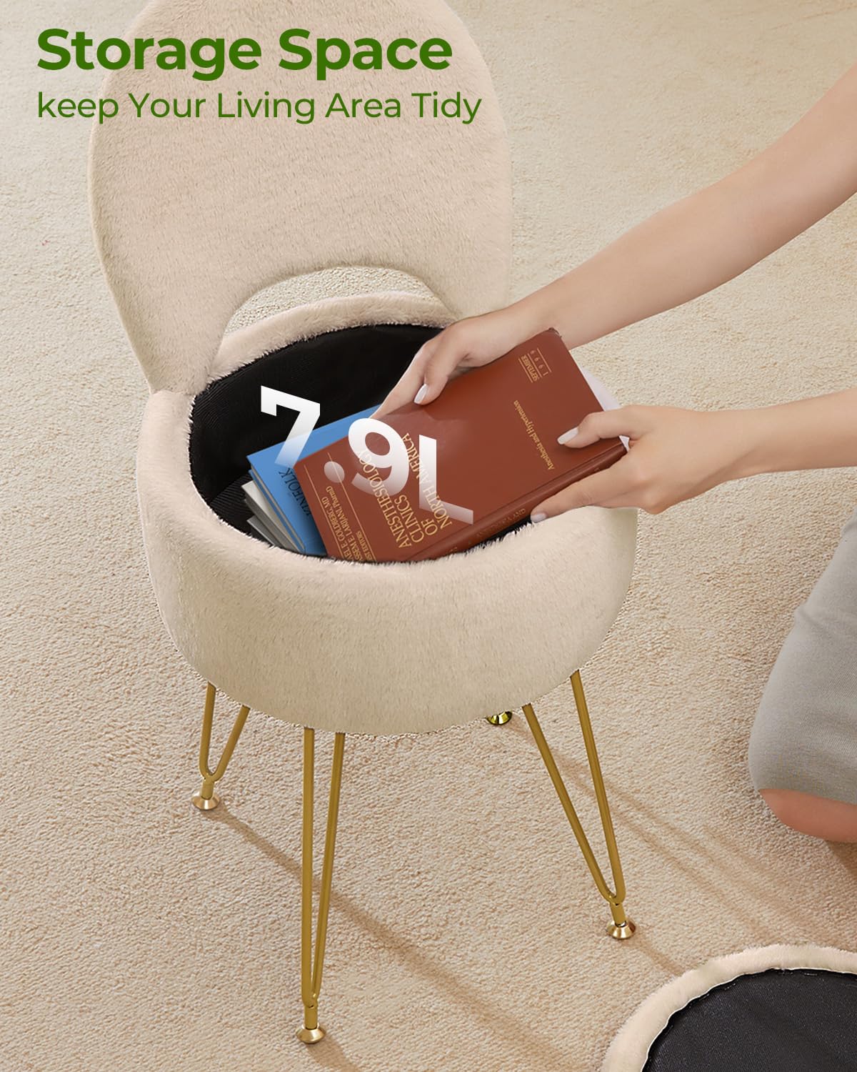 GREENSTELL Small Vanity Stool Chair with Storage and Folding Back, 13" x 13" x 17.7" Faux Fur Soft Ottoman for Teenager, 4 Metal Legs with Anti-Slip Feet, Furry Padded Seat for Makeup, Bedroom, Camel