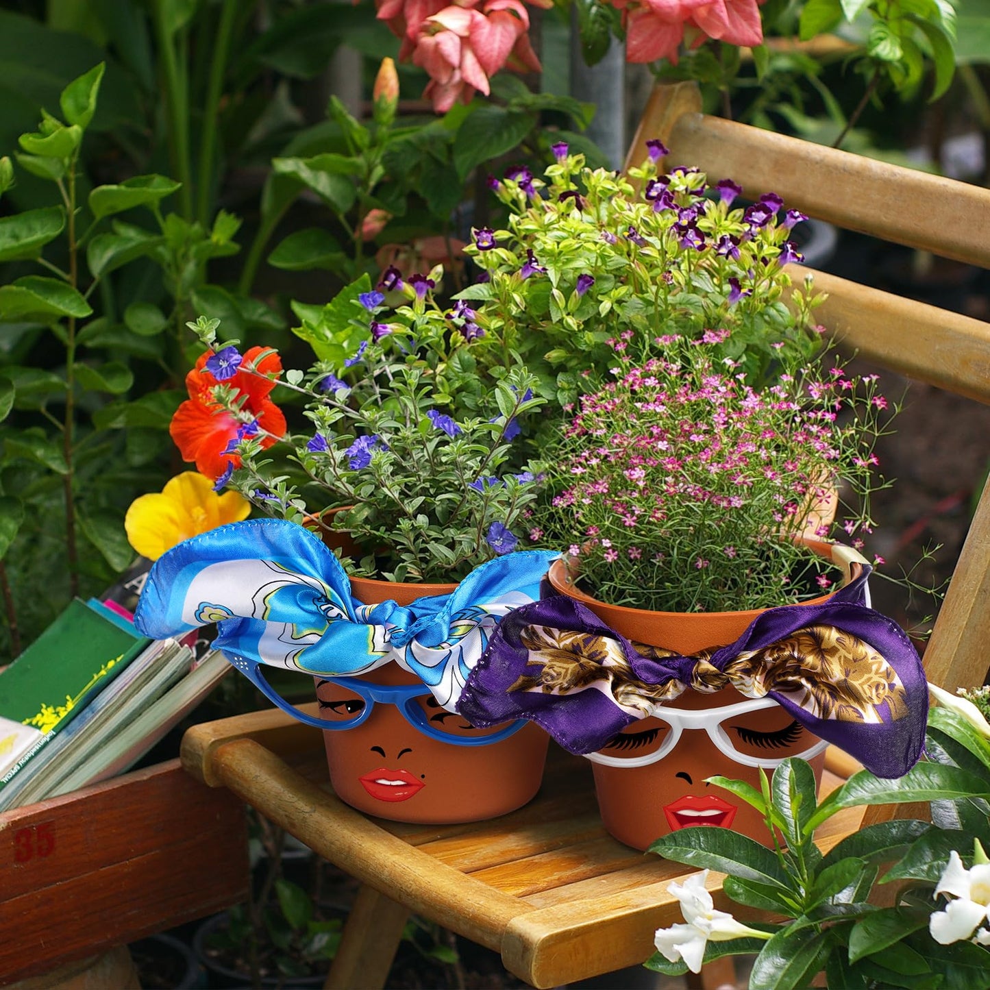 Sliner 6 Set Funny Flower Pot Kit Cute Flower Growing Making Kit Soul Sister Face Head Planter Set Include 5.5" Plastic Plant Pots Glasses Silk Scarf Acrylic Paint for Art Painting DIY Crafts
