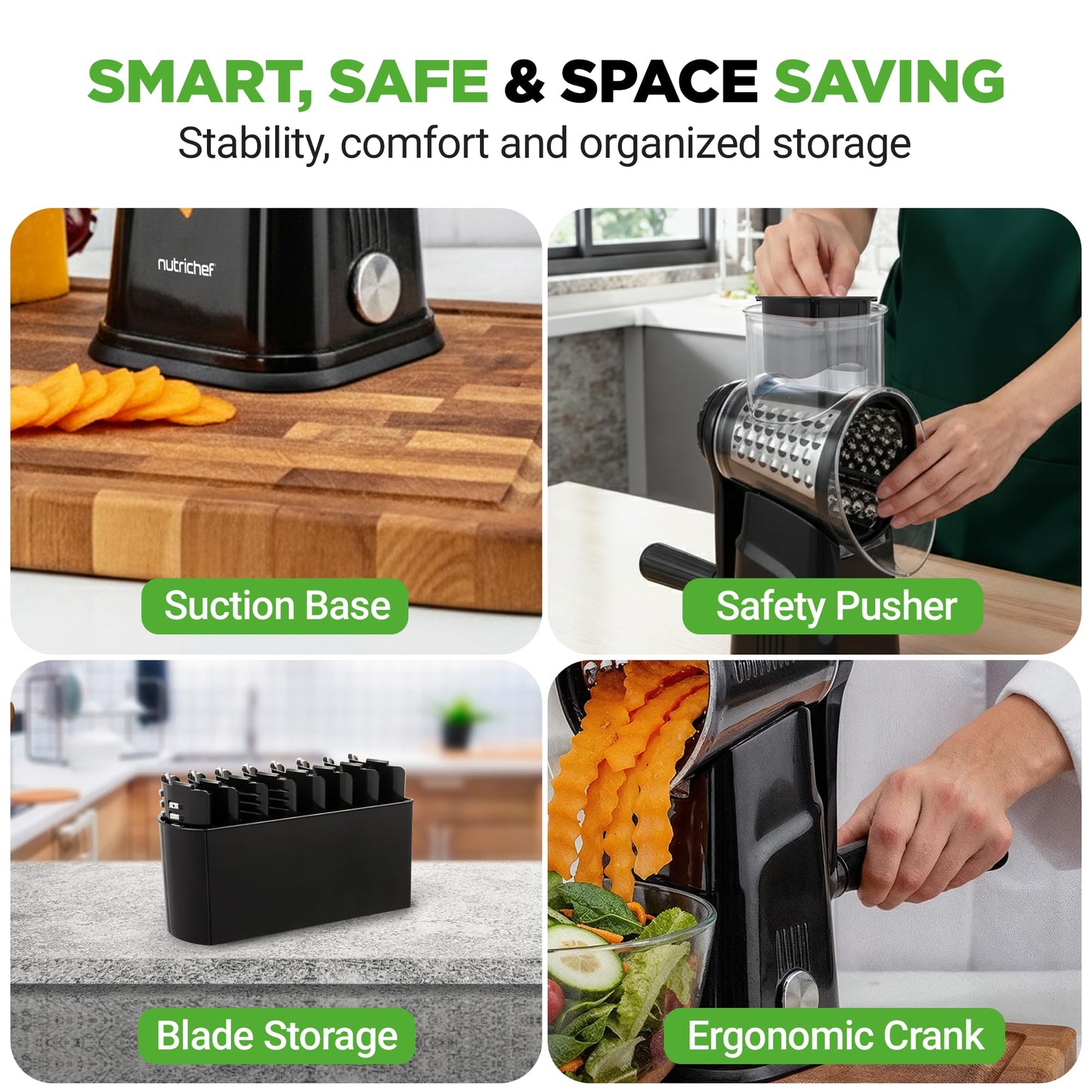 NutriChef 5 in 1 Cheese Grater & Shredder | 5 Different Blades for Thin, Thick, Julienne Strips, Wavy, & Straight Strips | Includes Hand Crank, Strong Suction Base & Storage Container | Black