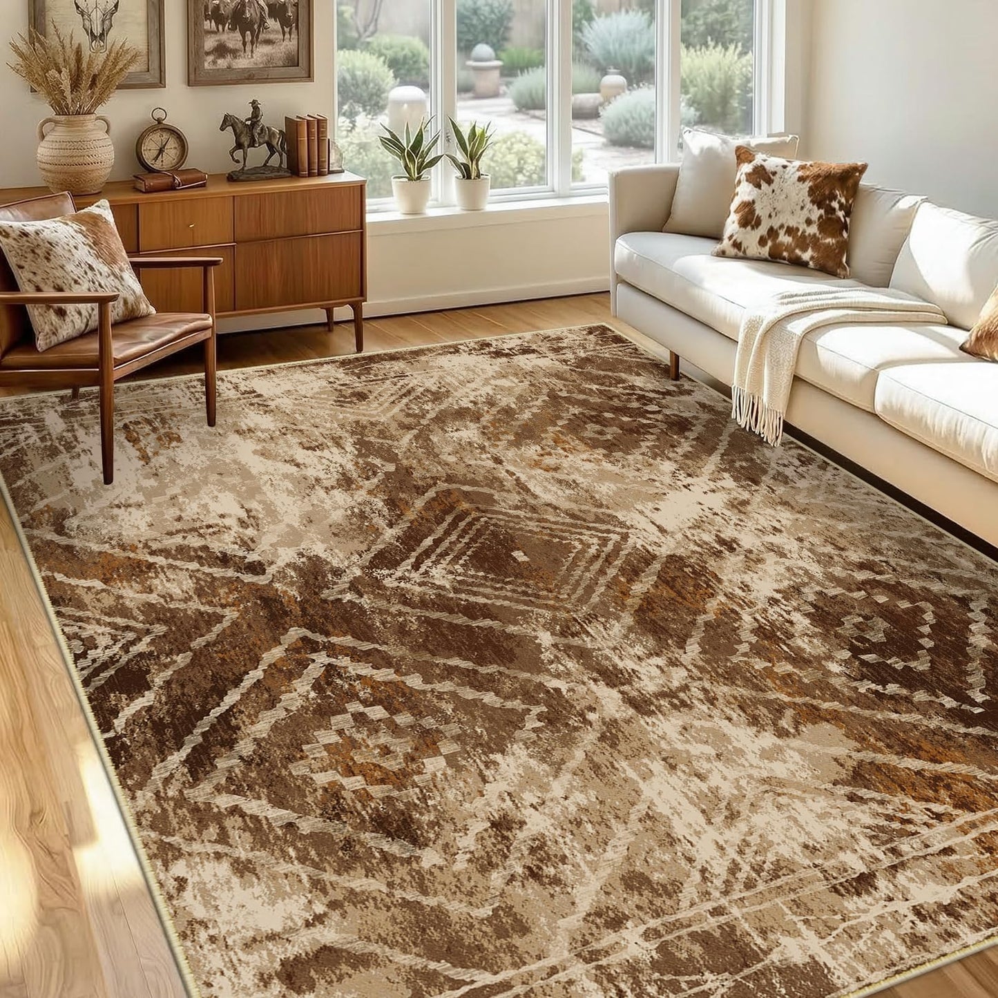 BESTSWEETIE Area Rug 5x7 Rug Machine Washable Non-Slip Low Pile Print Pattern Western Rug for Living Room Bedroom Entryway Tribal Series-Abstract/Cowhide