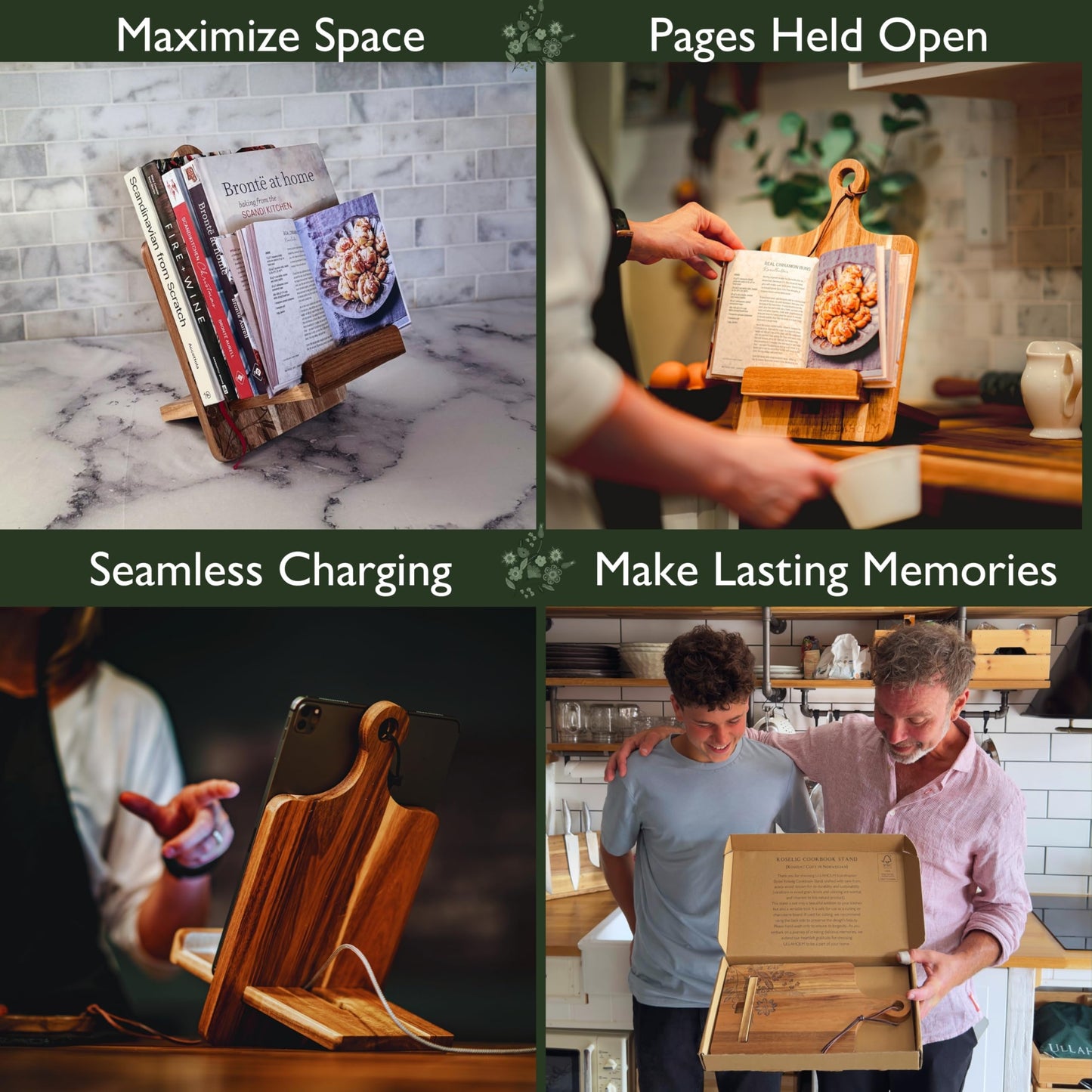 Wood Cookbook Stand for Kitchen Counter - Reversible Wooden Recipe Book Holder Stand with Cooking Measurement Conversion Card - Gift-Ready Adjustable Tablet Cook Book Holder with Charging Cable Slot