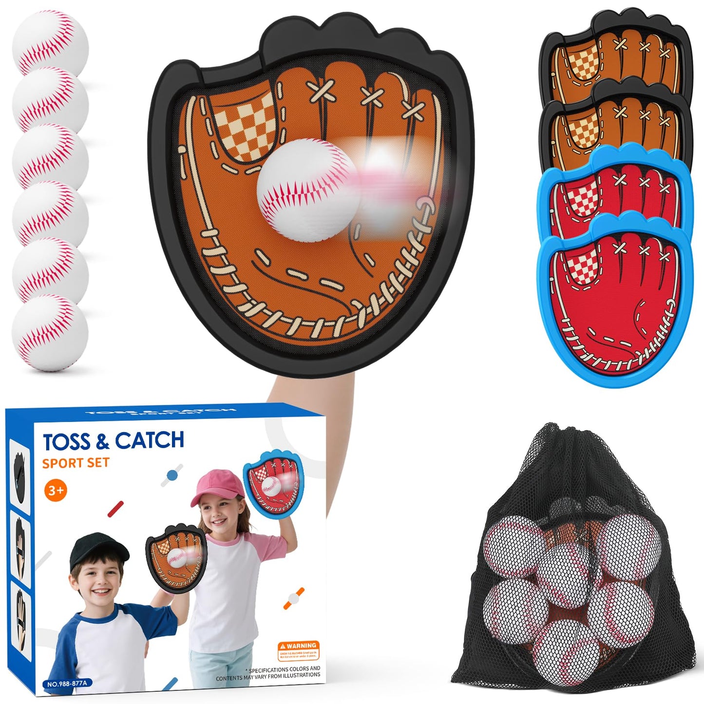 HYES Toss and Catch Ball Game Set with 4 Paddles, 6 Sticky Balls and 1 Storage Bag, Toddler Baseball Glove, Kids Outdoor Ball Catch Games, Beach Yard Camping Toy Gift for 3-12 Years Old Teenagers
