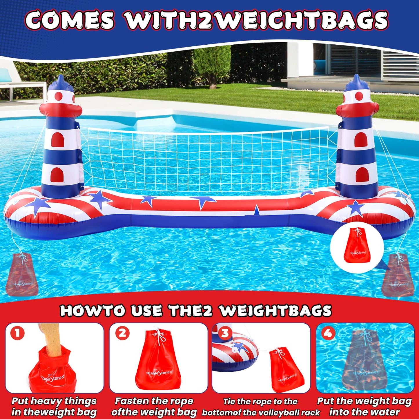 EagleStone Swimming Pool Volleyball Net Set with Basketball Hoop,Inflatable Pool Floats Set American Flag Volleyball Net & Basketball Hoops