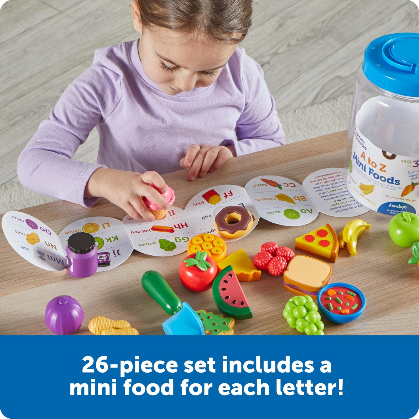Learning Resources A to Z Mini Foods, Play Kitchen, Pretend Play, Montessori Toys for Kids, Preschool Toys, Ages 3+, 27 Pieces
