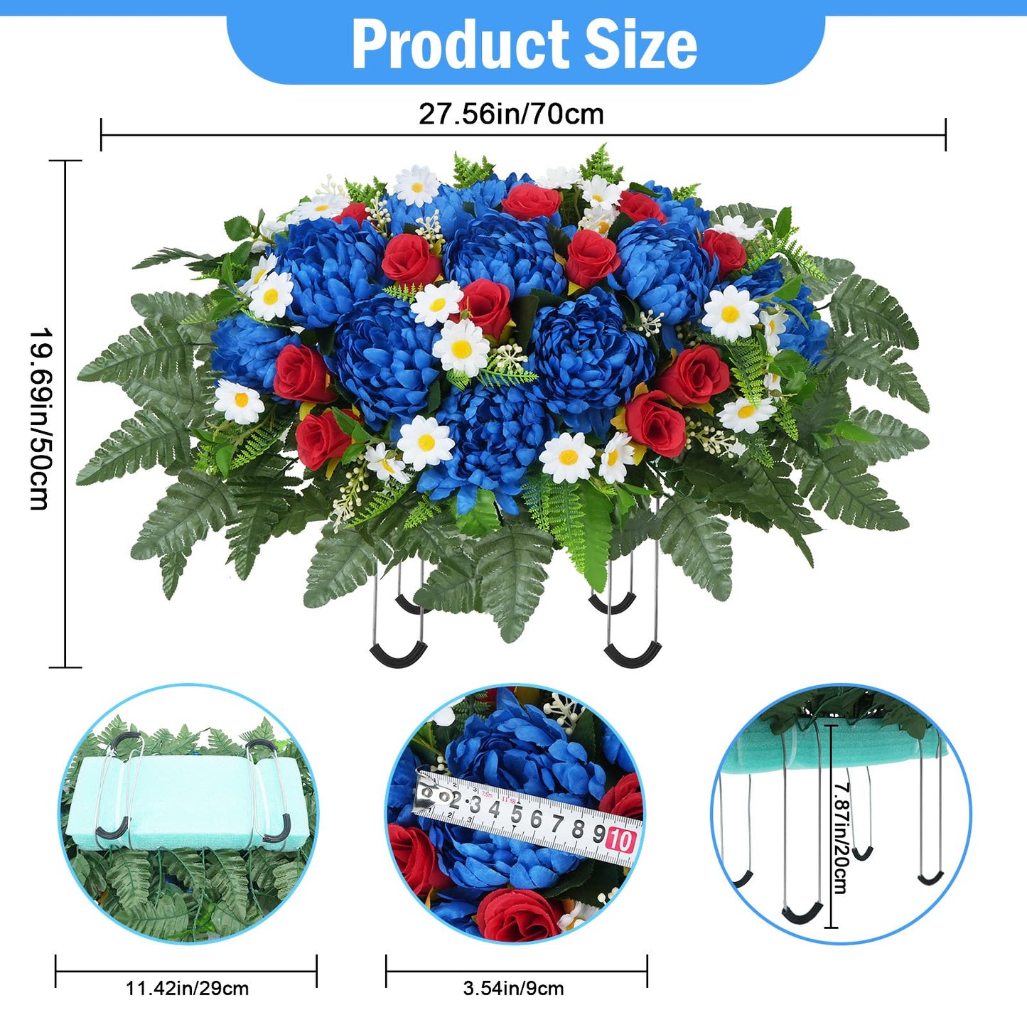 MHMJON Artificial Saddle Flowers for Cemetery Headstone, Realistic Red White Blue Flowers Fake Mums Silk Rose Floral Arrangement Saddle for Headstone Grave Tombstone 4th of July Decor