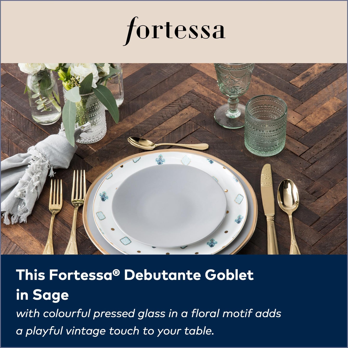 FORTESSA Debutante Vintage Themed Glassware, 10 Ounce Water Goblets (Set of 6), Dishwasher-Safe Water Glasses, Sage Green