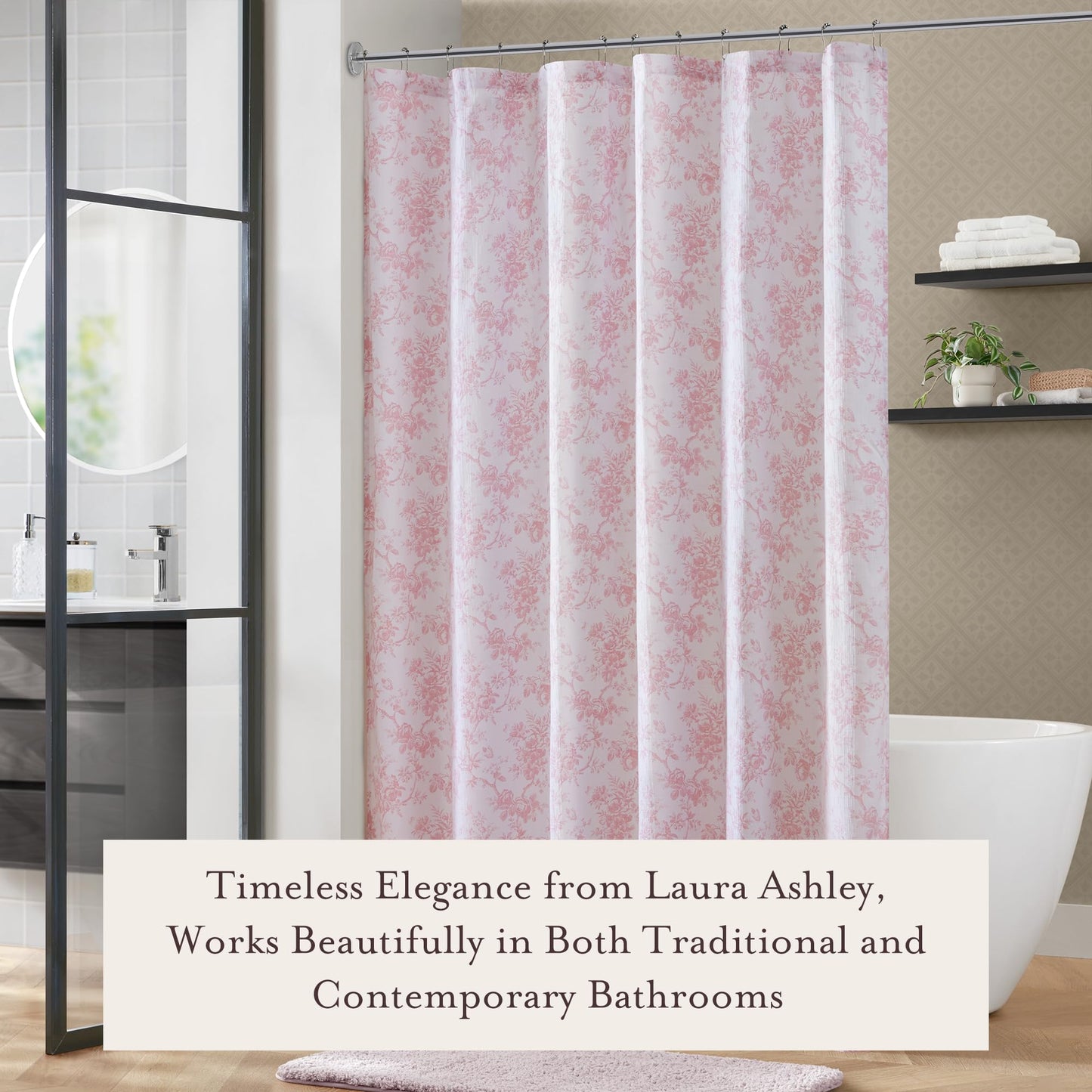 Laura Ashley Walled Garden Shower Curtain, Textured Cotton-Rich Slub Fabric, Tonal Floral Print, Elegant Transitional Bathroom Decor, Machine Washable 72"x72", Pink