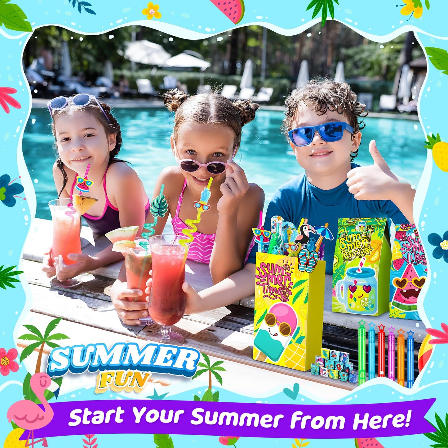 Pool Party Favors and Beach Party Favors - 120 PCS Party Bag Stuffers Including Beach Balls, Summer Theme Straws, Bubble Wands, and more for Beach Pool Party Favors, Birthday Party Supplies 4-8 8-12