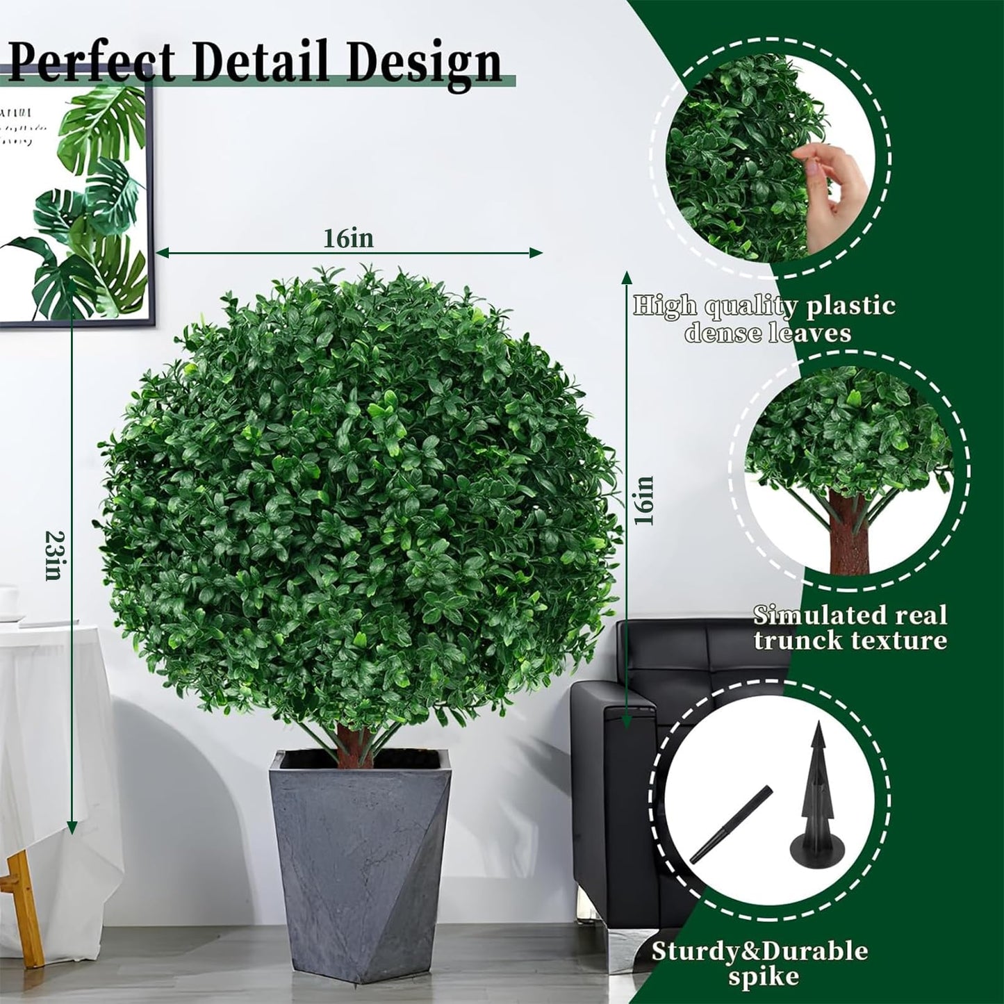 EverNature 2Pack Artificial Boxwood Topiary Ball Trees, 16'' UV Resistant Fake Evergreen Shrubs Bushes Plants with Ground Spike, Fake Plants for Outdoor Indoor Front Porch Garden