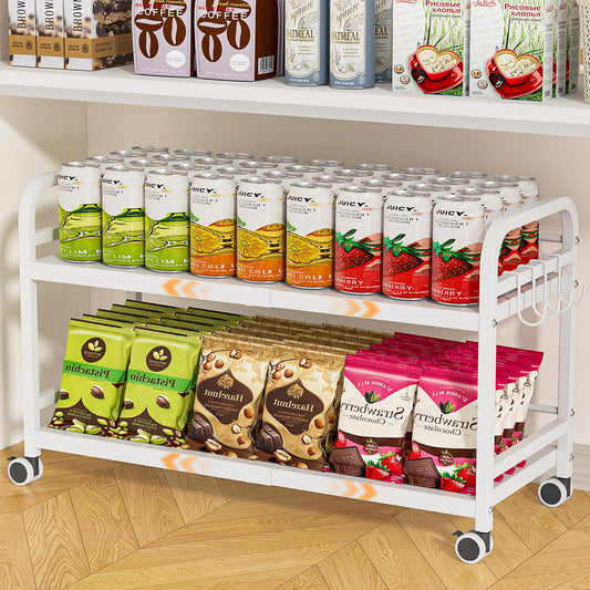 DAOUTIME 2-Tier Expandable Rolling Cart, Pantry Storage Cart with Wheels, Adjustable Rolling Pantry Floor Organizer, Metal Under Desk Cart, Sturdy Can Storage & Snack Organizer for Kitchen Pantry