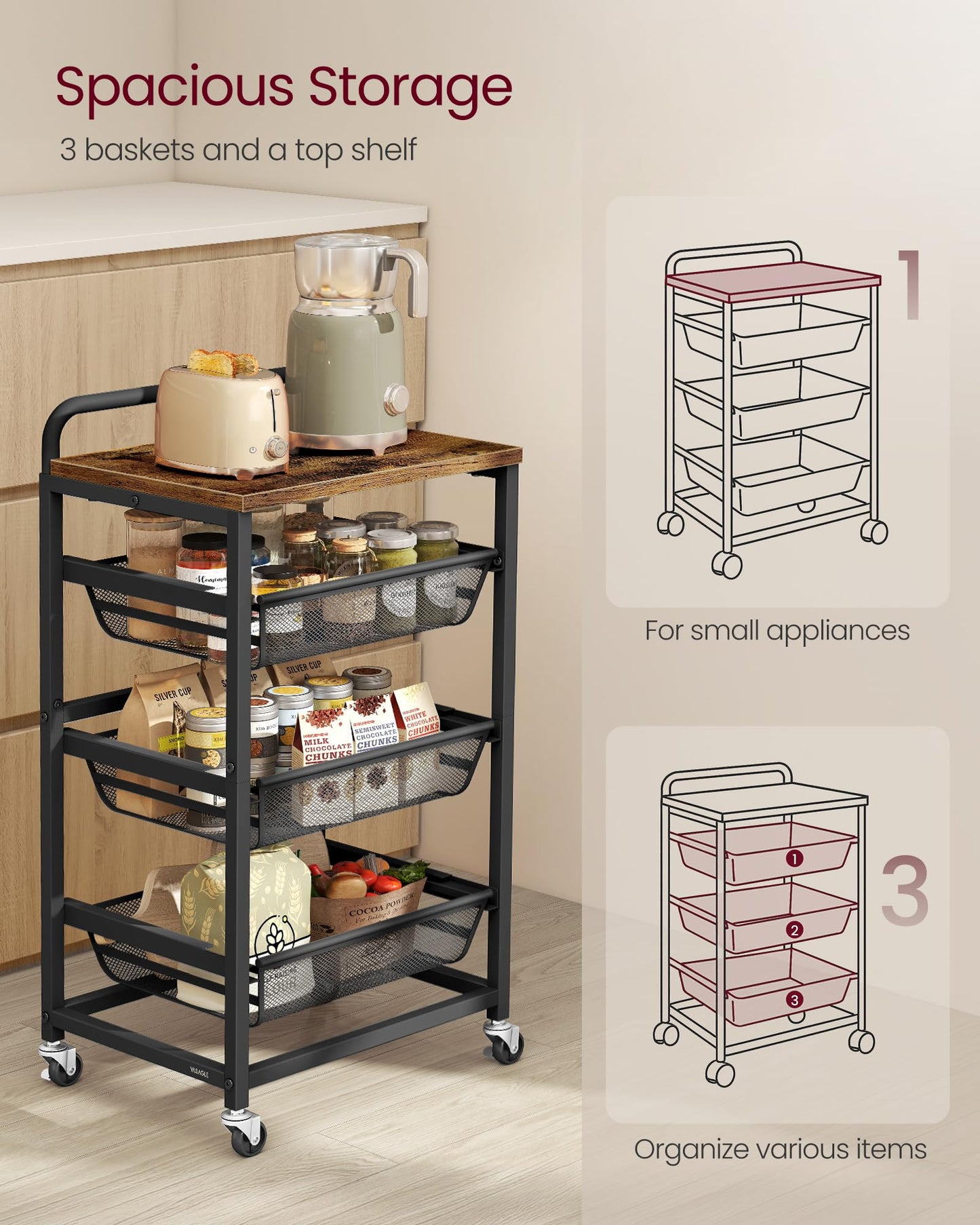 VASAGLE Storage Rolling Cart with Pull-Out Baskets, 4-Tier Utility Cart Orgnizer with Wheels for Laundry Room, Kitchen, Handle, 12.5 x 15.8 x 29.9 Inches, Rustic Brown and Ink Black ULRC040K01