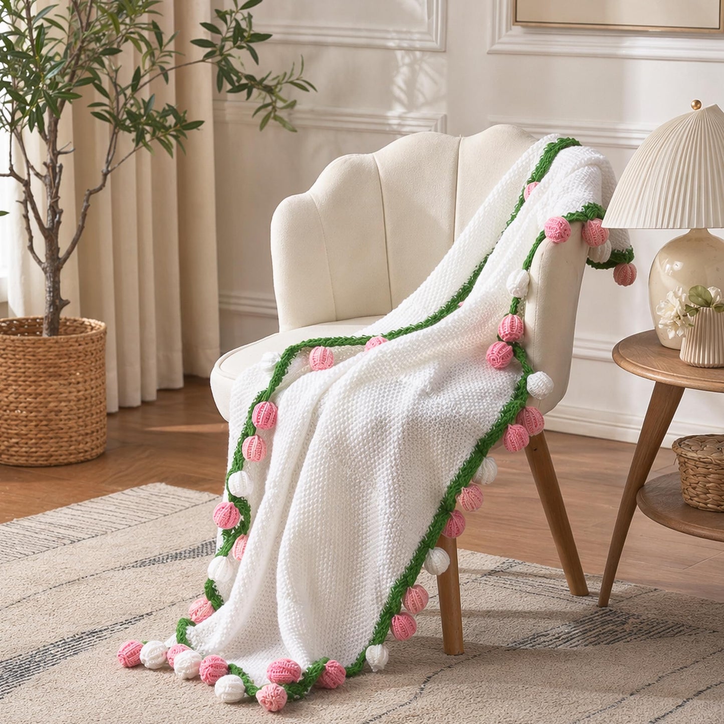 Crochet Flower Bouquet Throw Blanket, 43inch Handmade Knitted Blanket with Rose Flowers, Cute Romantic Gift for Her Girlfriend Mom Mother’s Day Valentine Wedding Anniversary Birthday, Pink and White