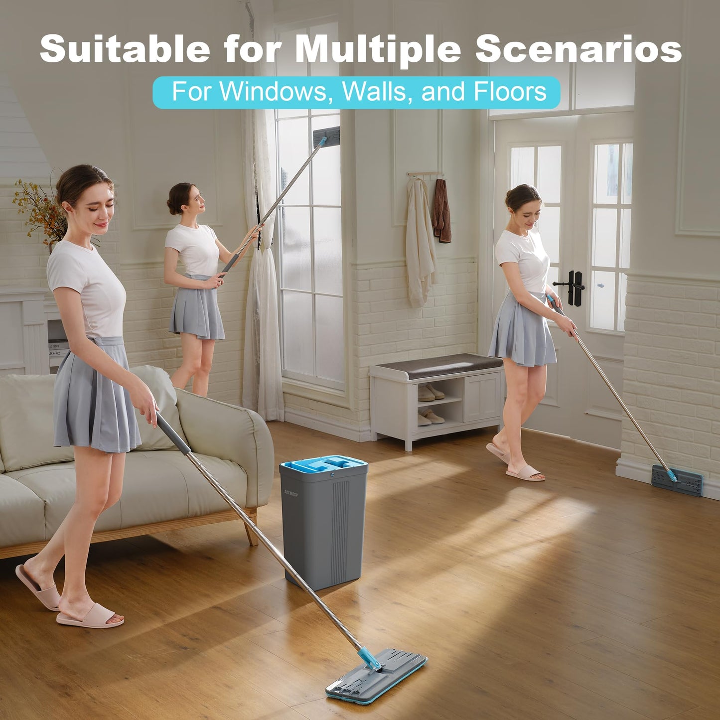 JOYMOOP Mop and Bucket Set, Mops for Floor Cleaning, Wall Mop Cleaner with Long Handle, with 4 Reusable Microfiber Mop Pads - Grey+Cyan Blue