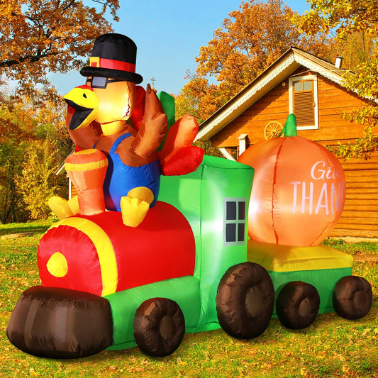 DomKom 6FT Thanksgiving Inflatables Train, Fall Blow up Turkey Drive Train with Colorful Tail and Pumpkin Give Thanks Sign, Decorations Outdoor Built-in LED Lights Yard Autumn Holiday Harvest