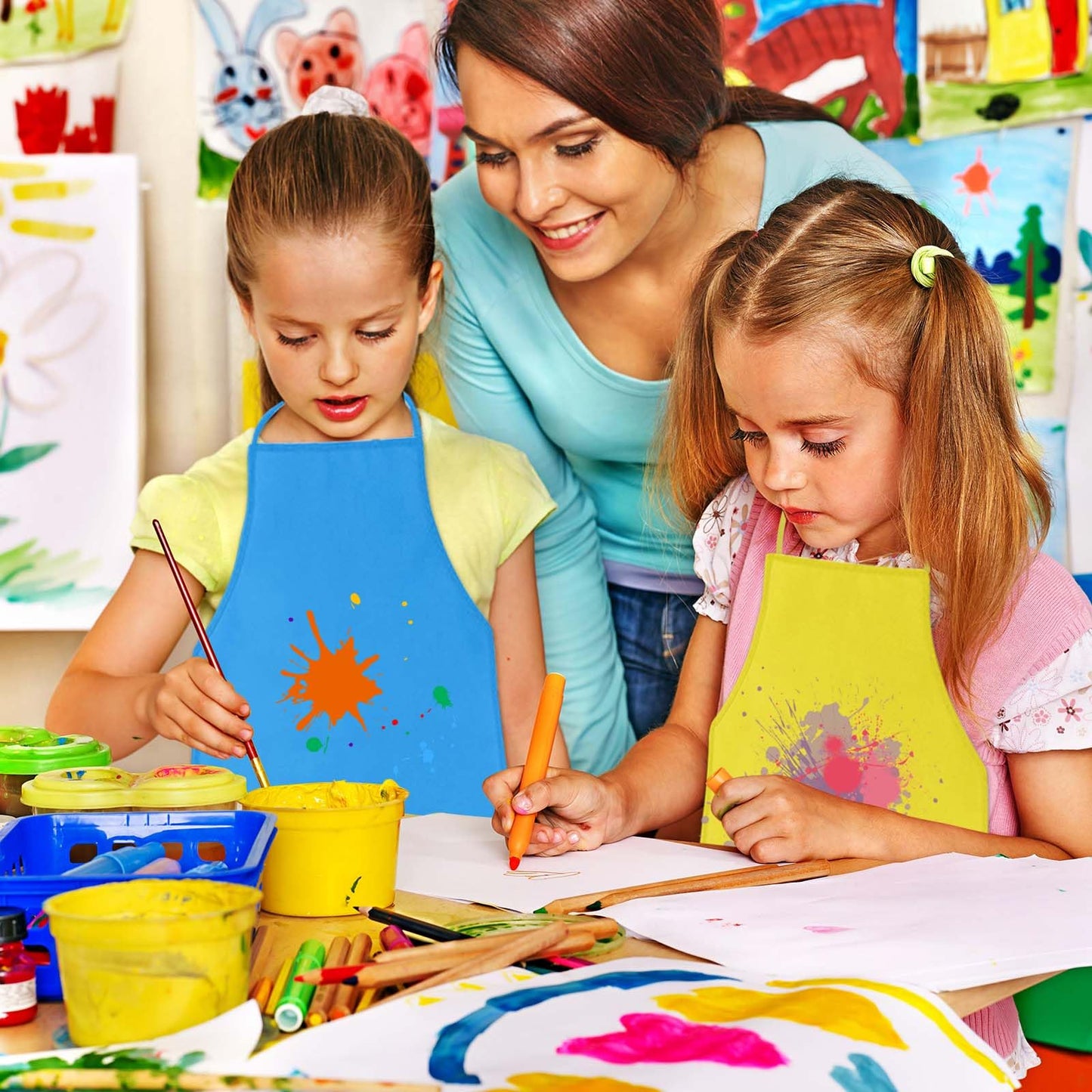 KUUQA Kids Art Aprons Painting Aprons Smocks Bulk for Craft Home Kitchen Classroom, Mixed Colors, 13" *19"