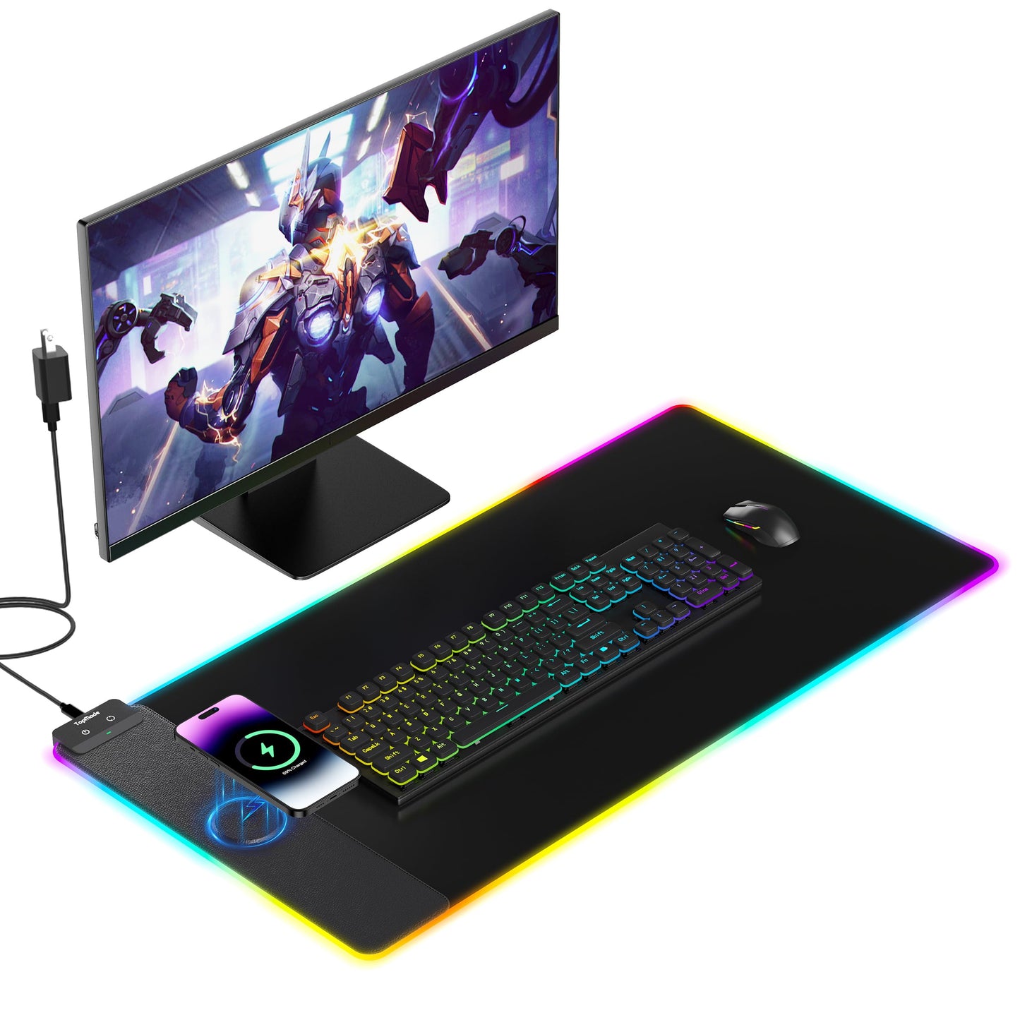 TopMade Wireless Charging Mouse Pad, RGB Gaming Mousepad Home Office Large Desk Mat with 13 Light Modes, Ultra-Smooth Surface, Non-Slip Rubber Base (Includes 20W PD Power Adapter & 6.56ft Woven Cable)