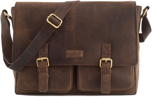 LEABAGS Leather Briefcases for Men - Genuine Leather Cambridge 15 Inch Laptop Bag - Messenger Bag Vintage Shoulder Bag