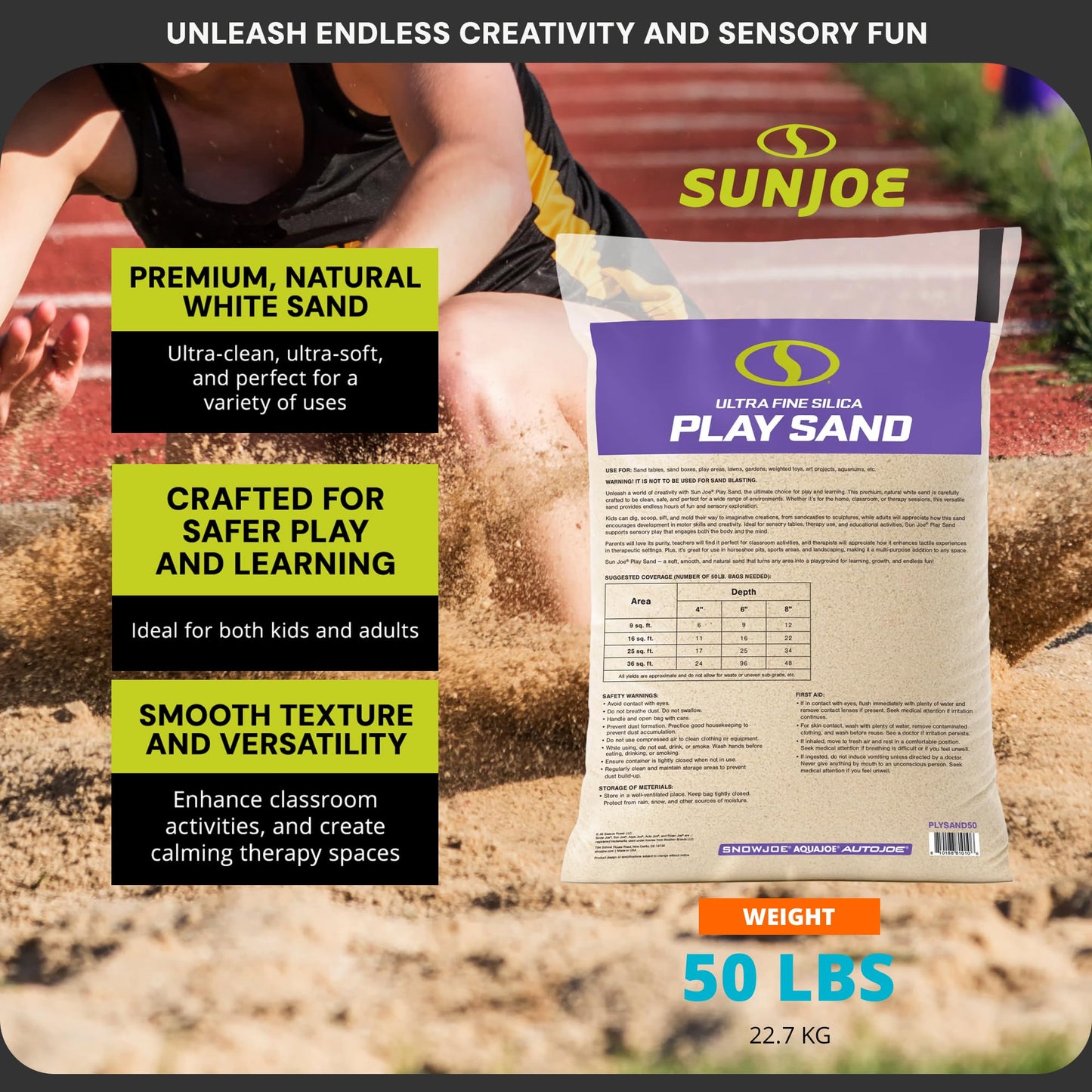 Sun Joe 2 Pack Silica Play Sand for Sandbox, Sensory Table & Garden Spaces, Ultra Fine, 50 Lbs - Natural Craft Accessory for Molding, Digging & Sculpting - Ideal for Indoor and Outdoor Use